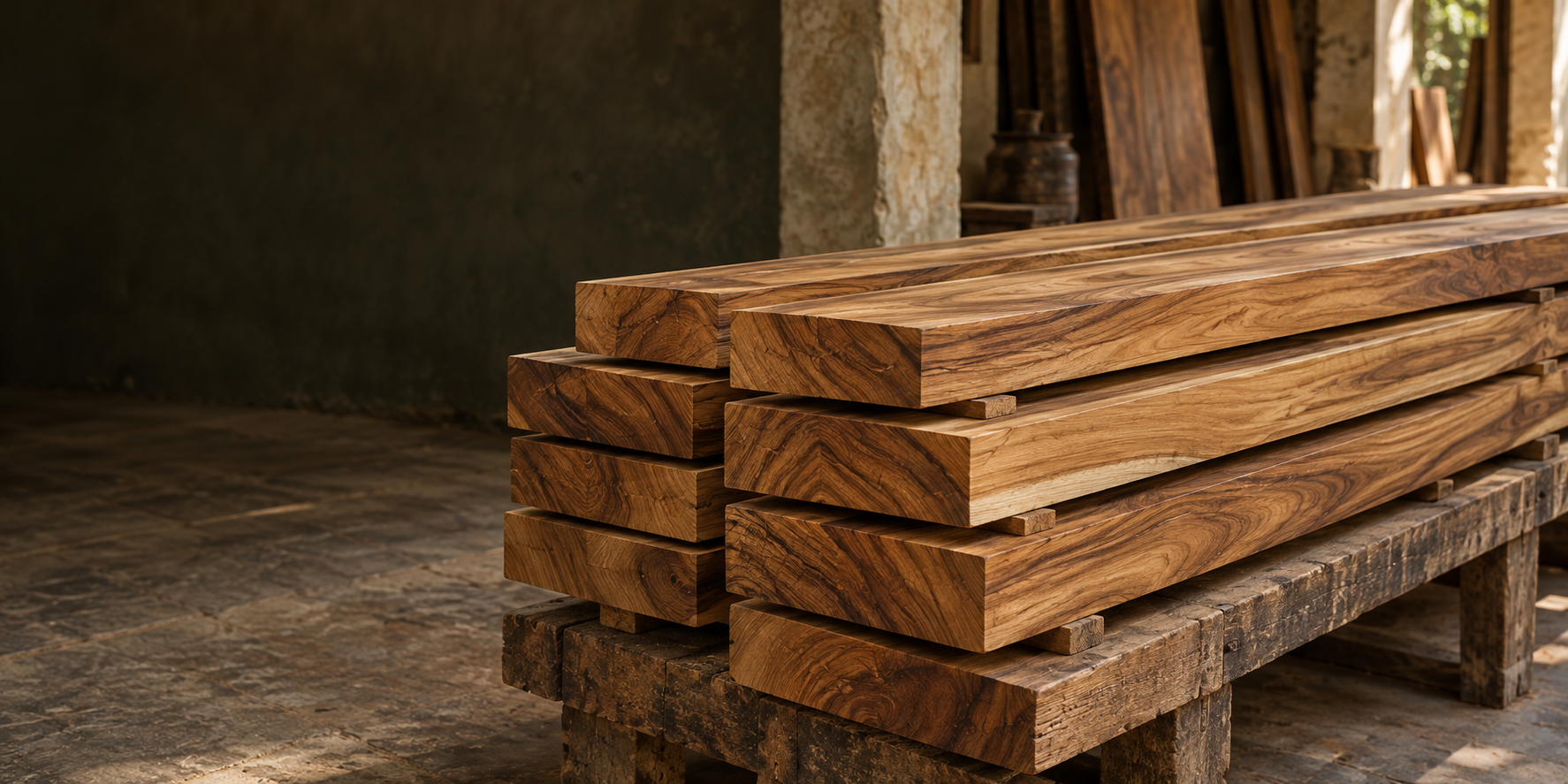 Stacked solid teak planks
